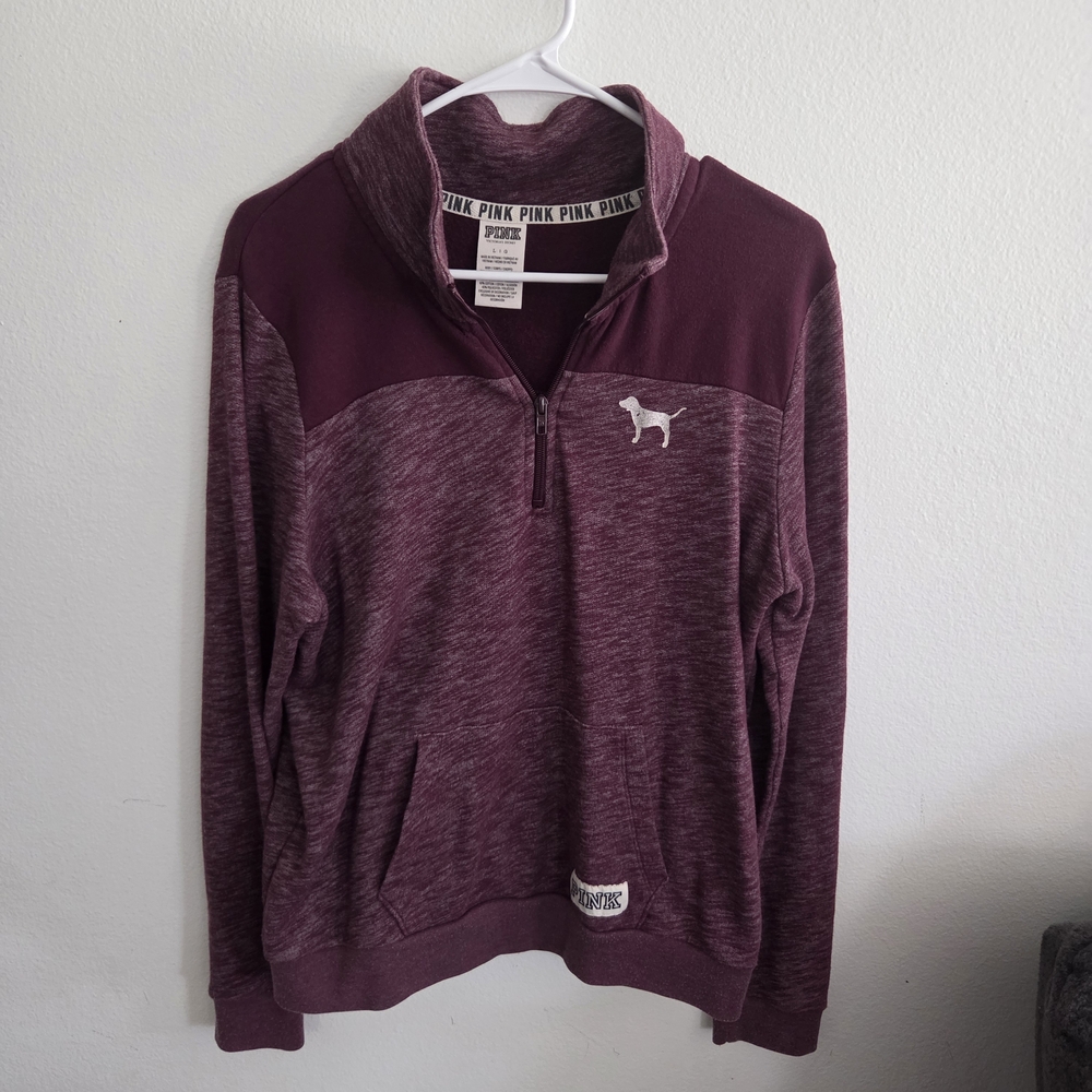 Victoria's Secret PINK Burgundy Quarter-zip Sweater Womens Large Logo Dog